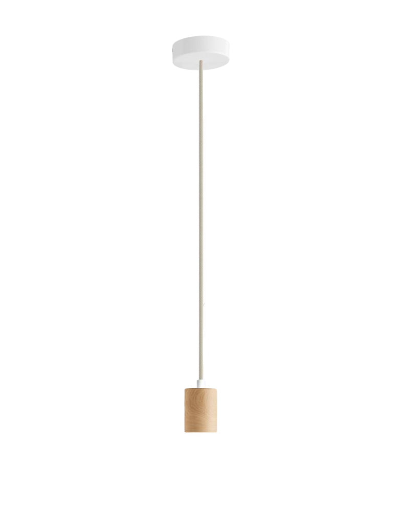 Lampenzubehör bestehen aus einer Holzfassung, zwei Zugentlastungen, einem Leinenkabel und einem weißen Holzbaldachin